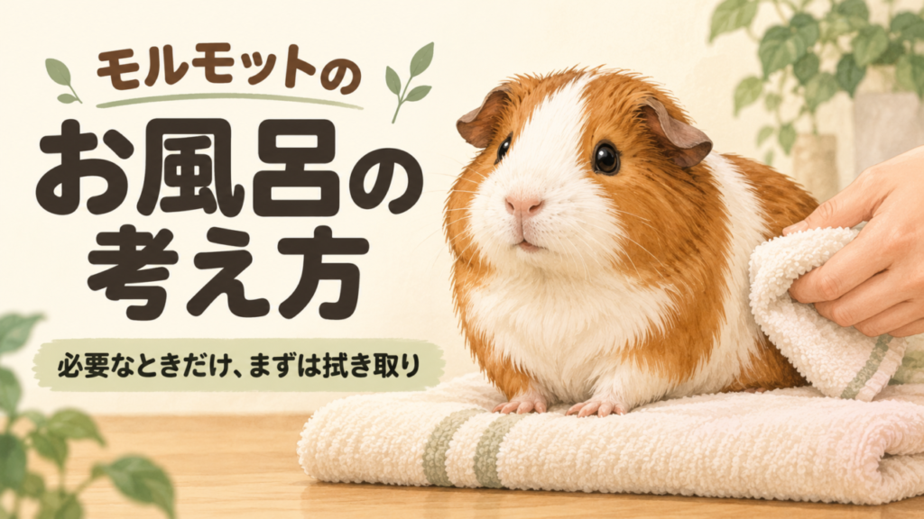 タオルに乗ったモルモットと拭き取り用の柔らかい布のイラスト