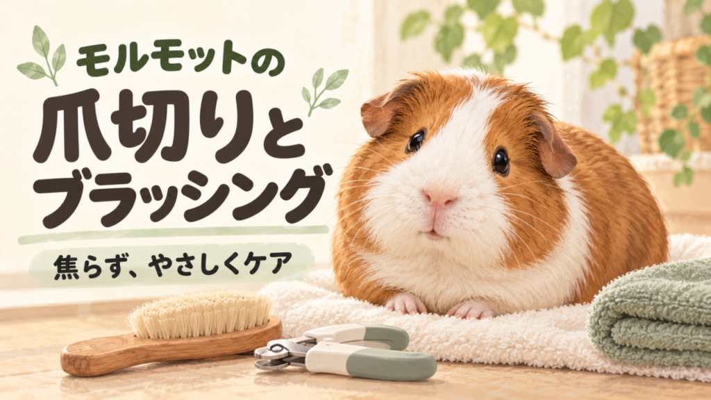 柔らかいブラシや爪切りとタオルの上にいるモルモットのイラスト