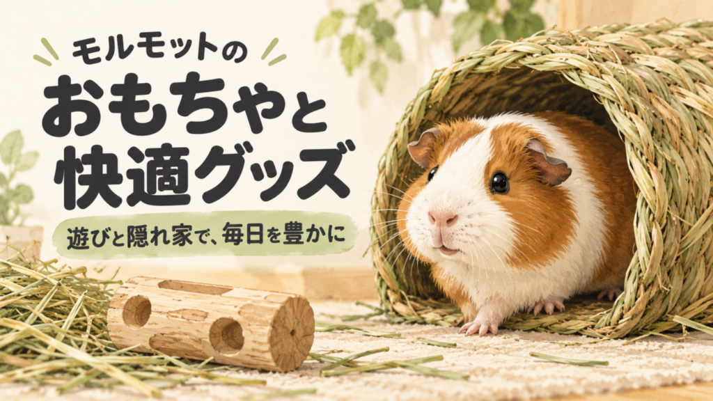 牧草のトンネルやかじり木で遊ぶモルモットのイラスト