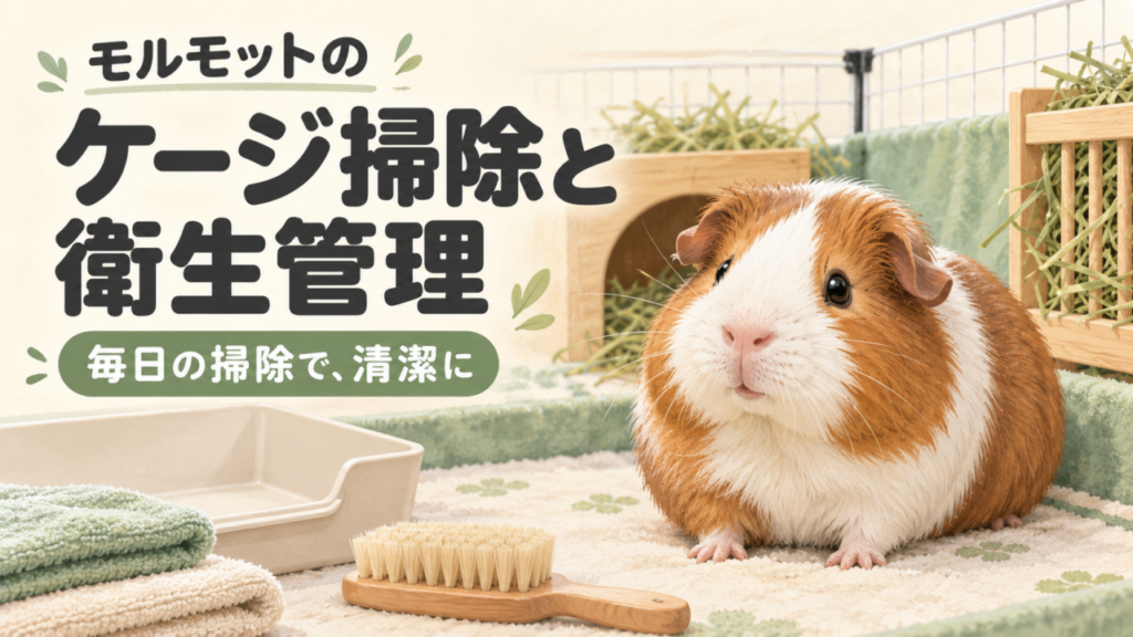 掃除用のブラシやタオルと清潔なケージにいるモルモットのイラスト