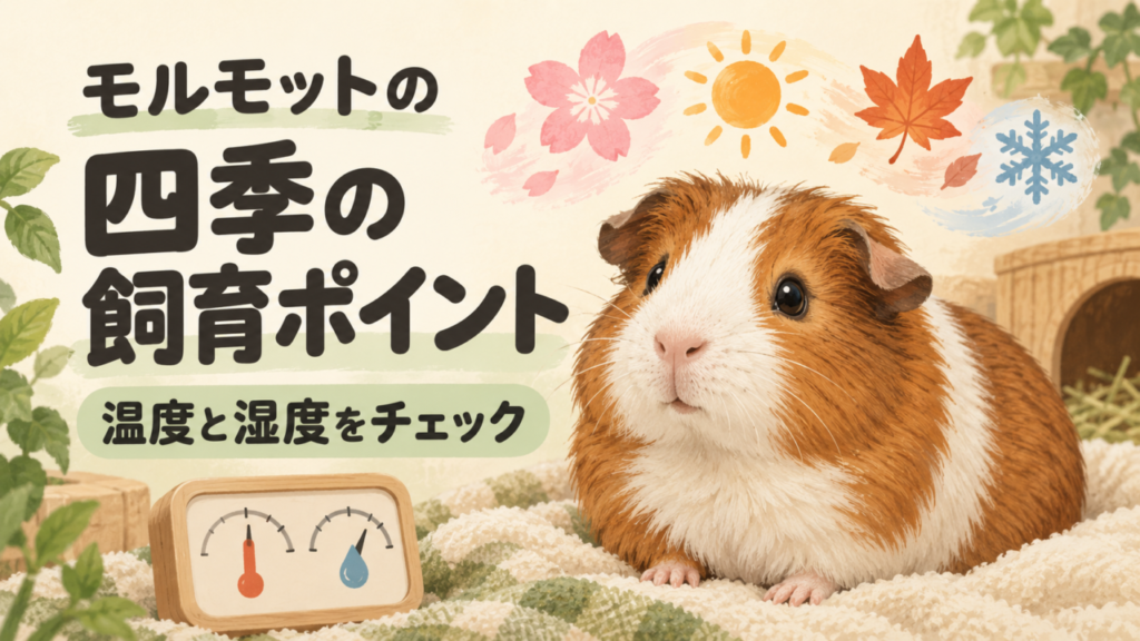温湿度計と四季を表す葉や雪の図柄、モルモットのイラスト