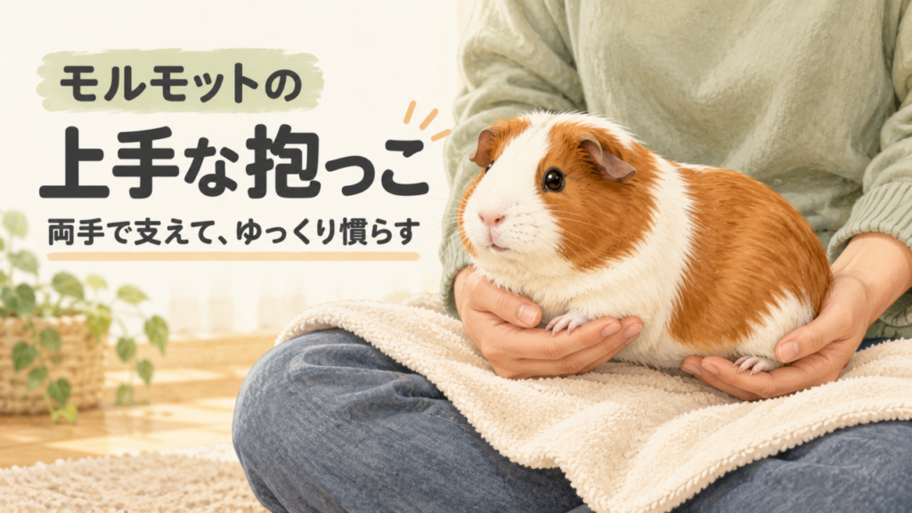 床に座った人が、胸とお尻を両手で支えてモルモットを抱くイラスト