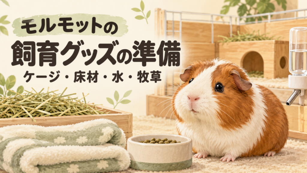 飼育グッズの準備を紹介するモルモットのイラスト
