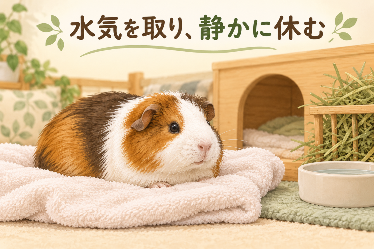 必要な入浴後、タオルで水気を取り牧草と水がある環境で休むモルモットのイラスト