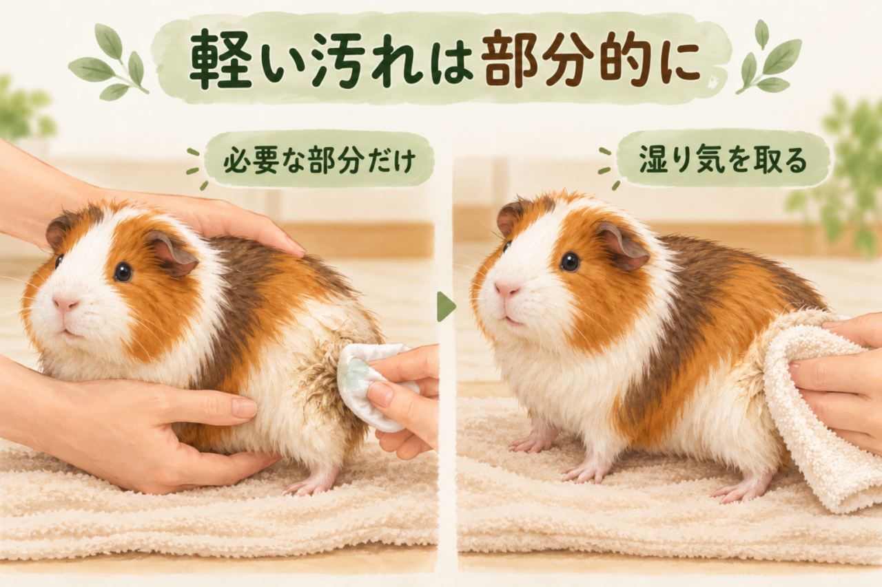滑らないタオルの上で体を支え、汚れた毛を湿らせた布でそっと拭くイラスト