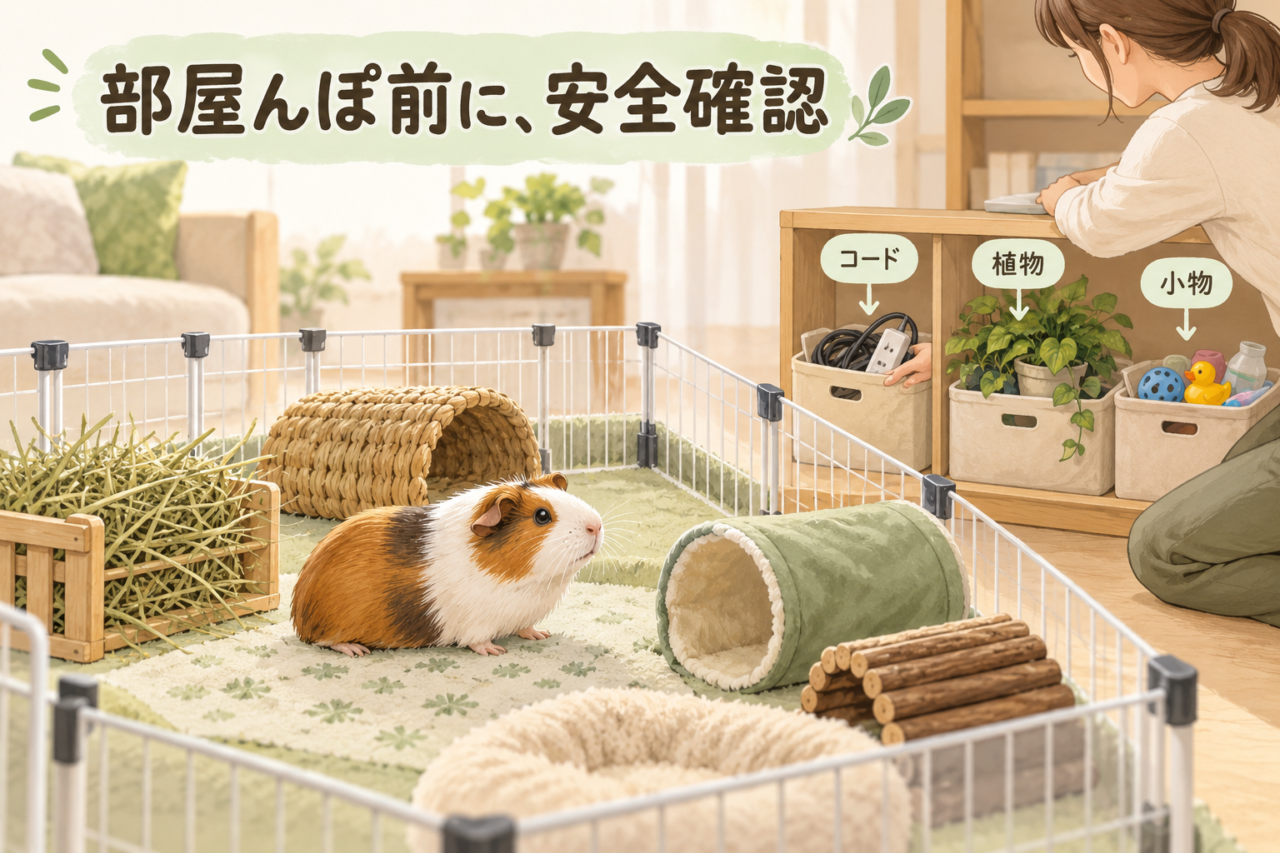 部屋んぽの場所からコード、植物、小物を取り除く安全対策のイラスト