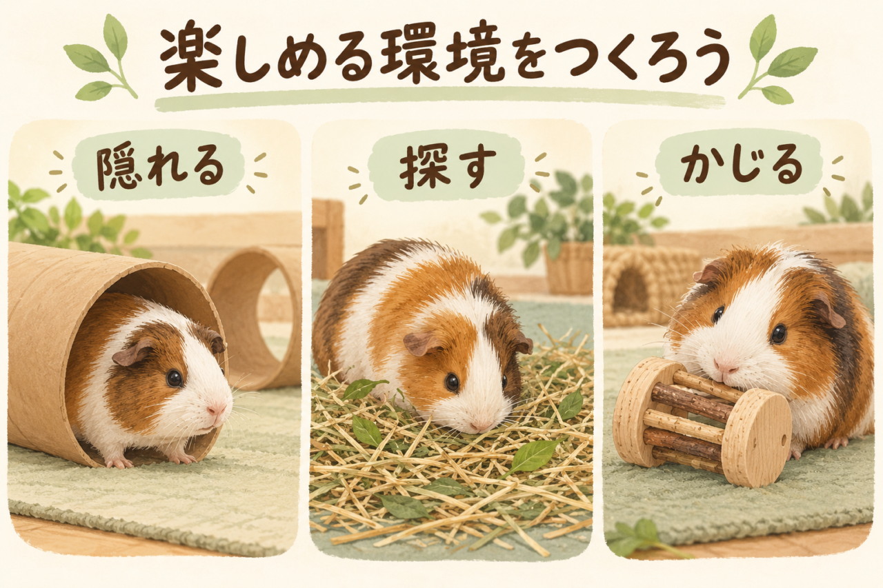 広いトンネル、牧草を探す遊び、無塗装の小動物用かじり木を示すイラスト