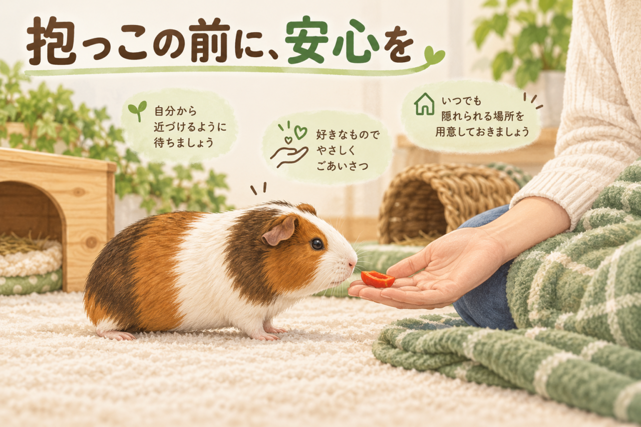 抱っこの前に床に座り、モルモットが自分から近づくのを待つイラスト