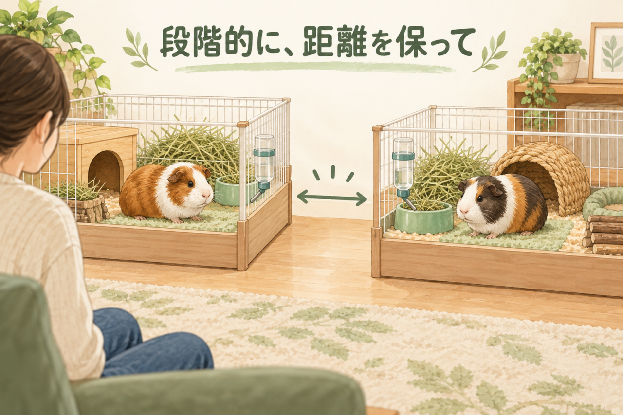 別々のケージで距離を保ちながら相性を観察するモルモットのイラスト