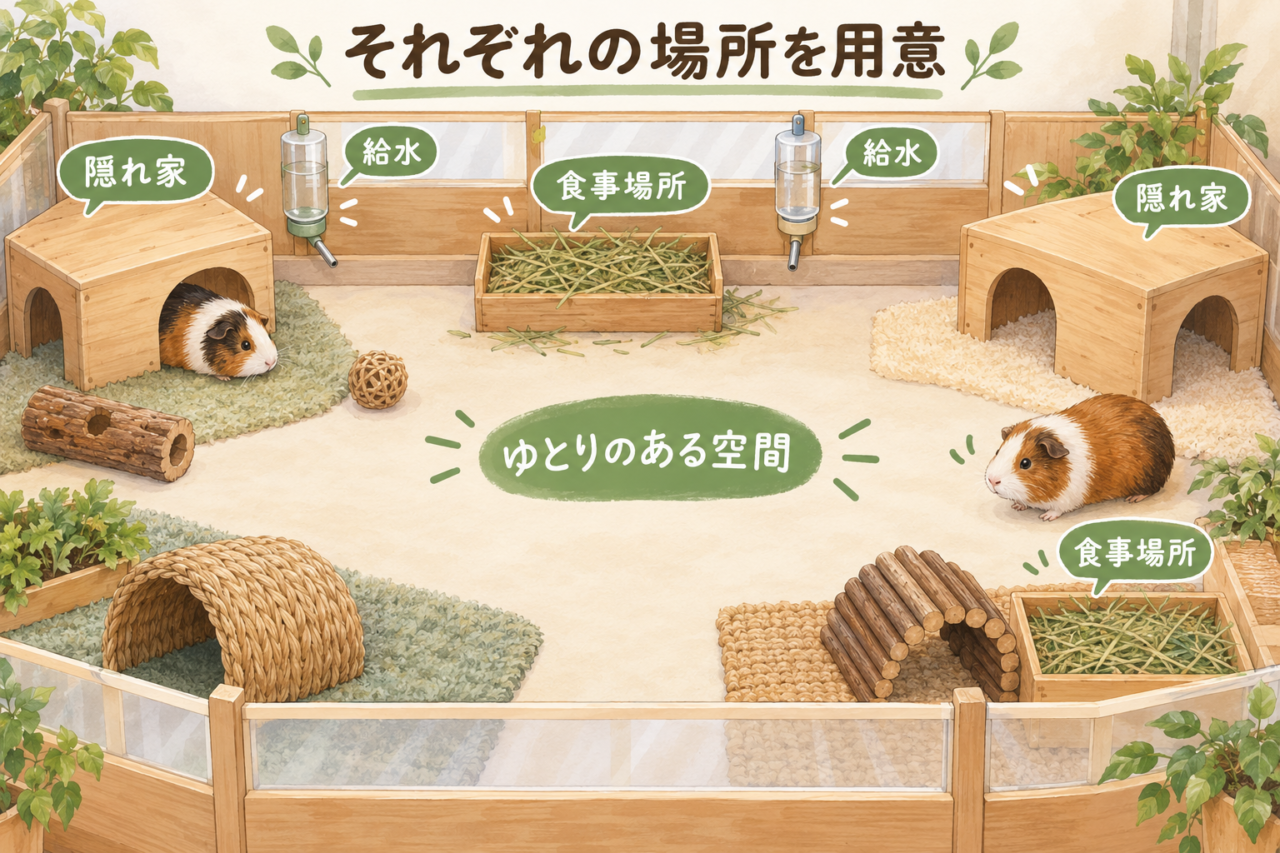 2匹それぞれに隠れ家と食器、給水を用意した広い飼育スペースのイラスト