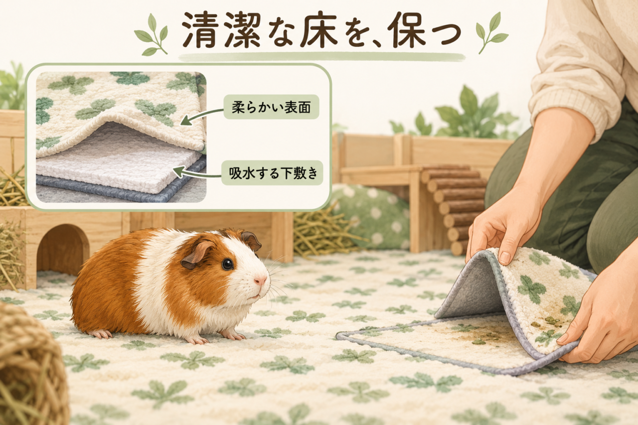 柔らかい表面と吸水する下敷きで清潔な床を保つイラスト
