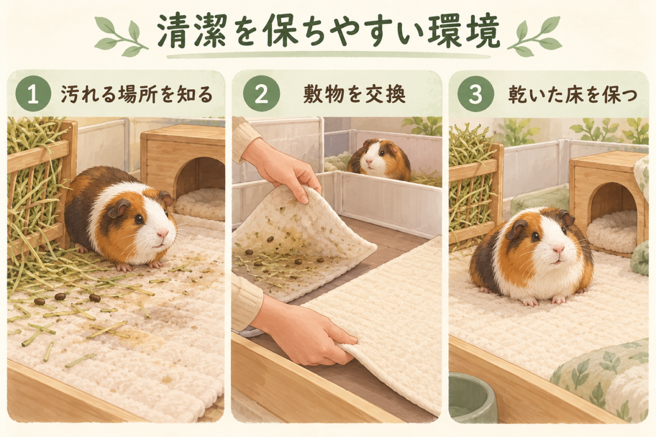 よく汚れる場所の敷物を交換し、床を乾いた状態に保つイラスト
