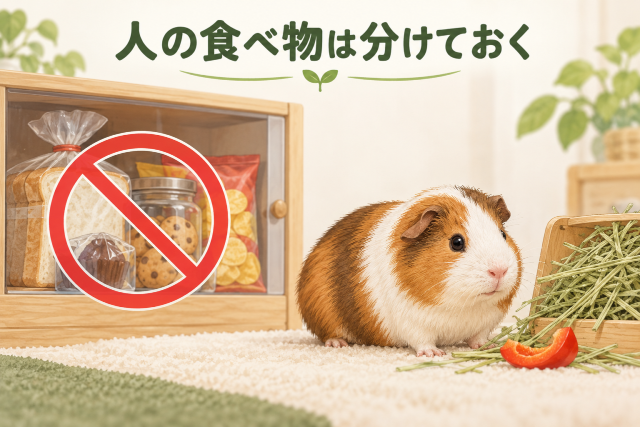 人間のお菓子や加工食品をモルモットの食事から分けて保管するイラスト