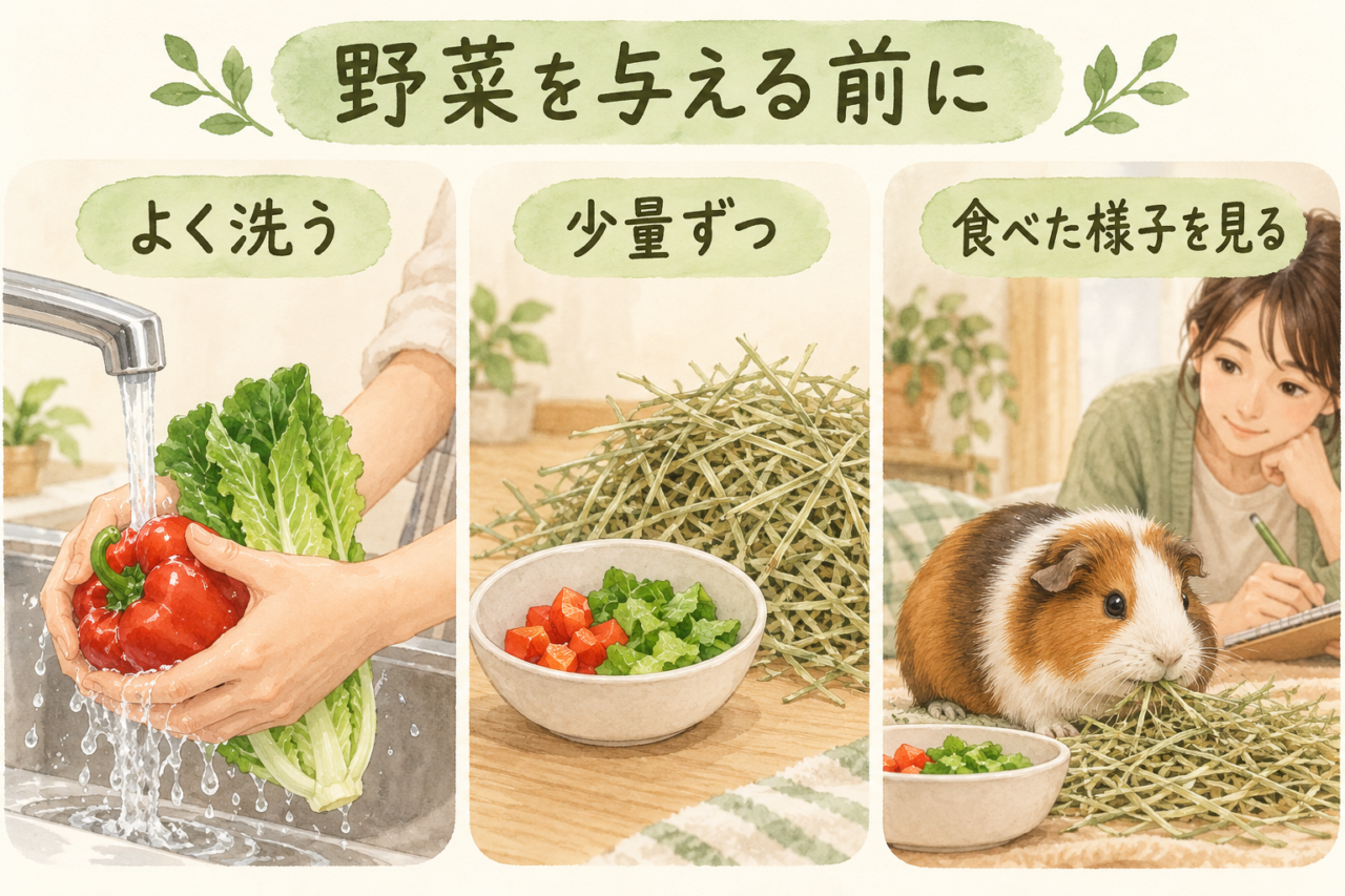 野菜を洗う、少量ずつ用意する、食べた様子を見るという3つの場面のイラスト