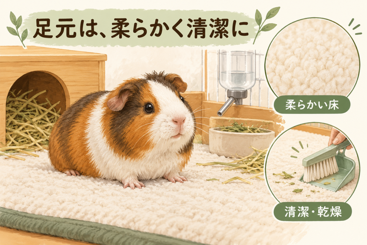 柔らかく清潔で乾いた床で足元を守るモルモットのイラスト