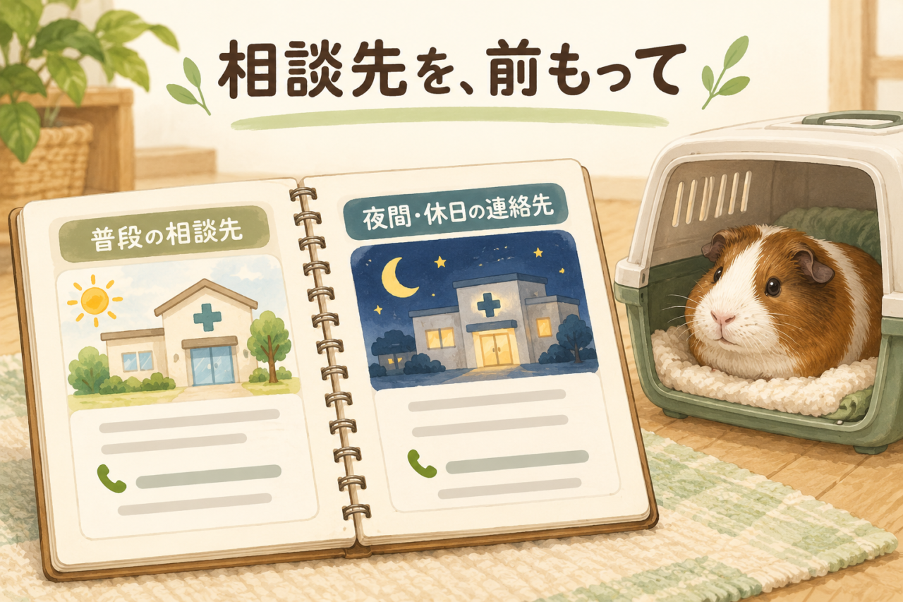 普段の動物病院と夜間・休日の連絡先を準備するイラスト