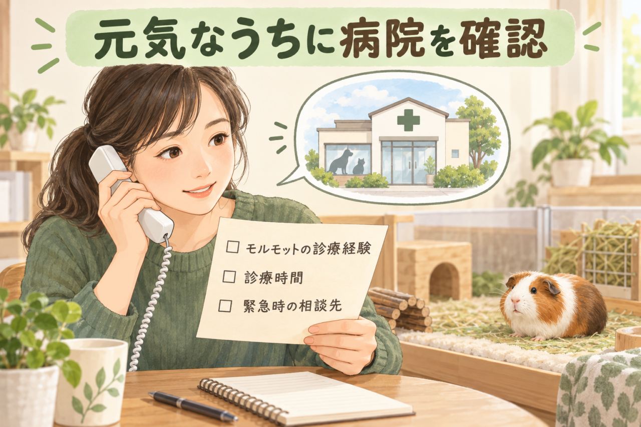 電話でモルモットの診療経験、診療時間、緊急時の対応を確認する飼い主のイラスト