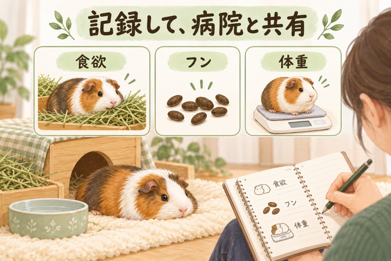 受診後の食欲、フン、体重を記録し動物病院と共有するイラスト