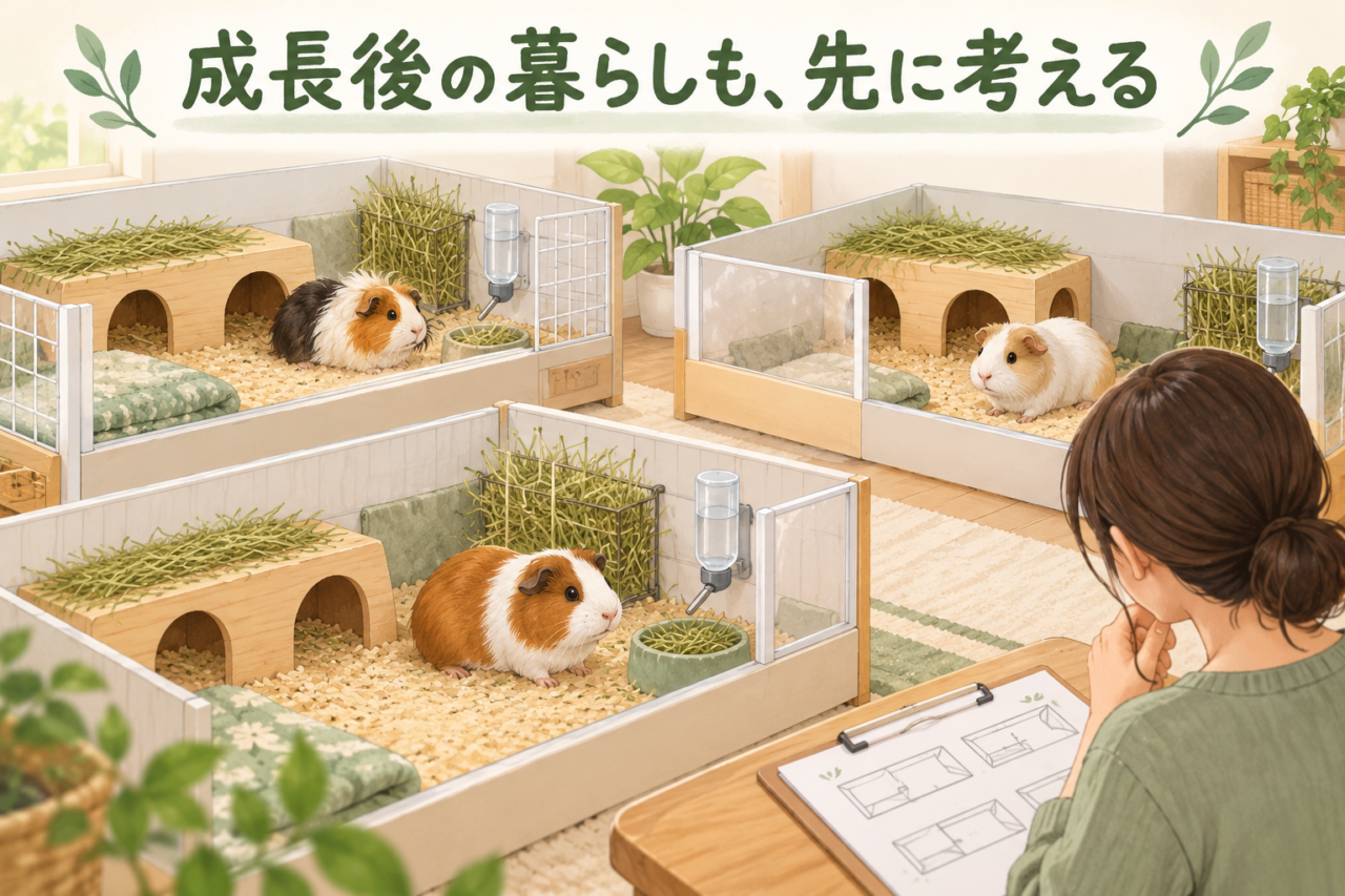 成長後も飼育できるスペースと用品を準備するイラスト