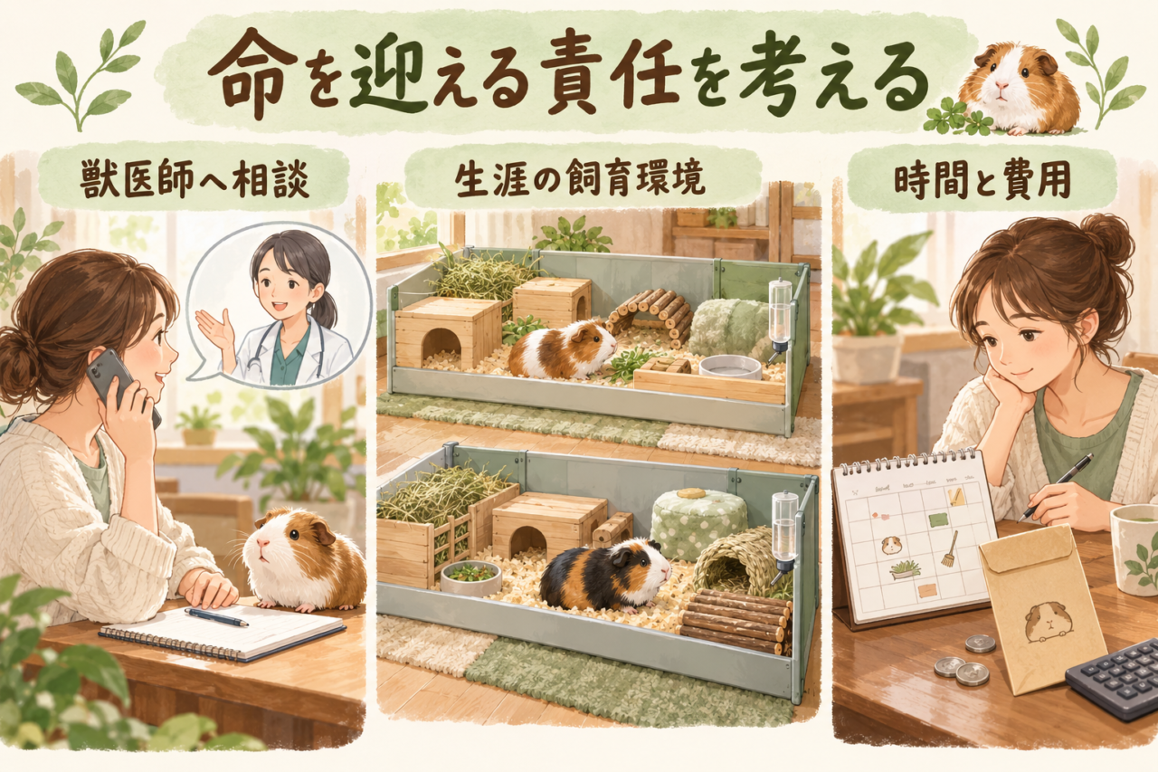 動物病院への相談、飼育スペース、時間と費用の準備を描いた繁殖前の確認図
