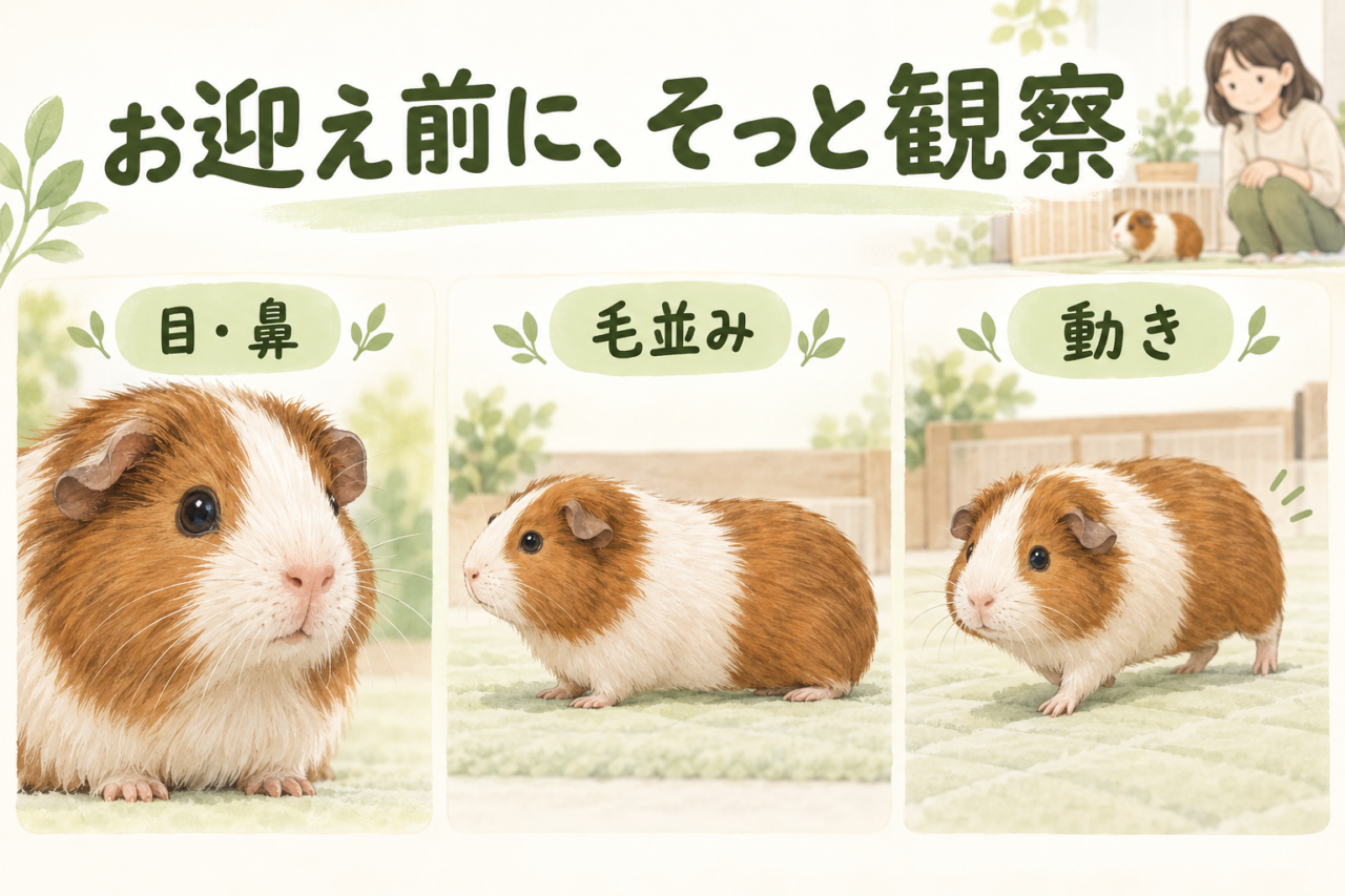 お迎え前にモルモットの目や鼻、毛並み、歩き方を観察するポイントのイラスト