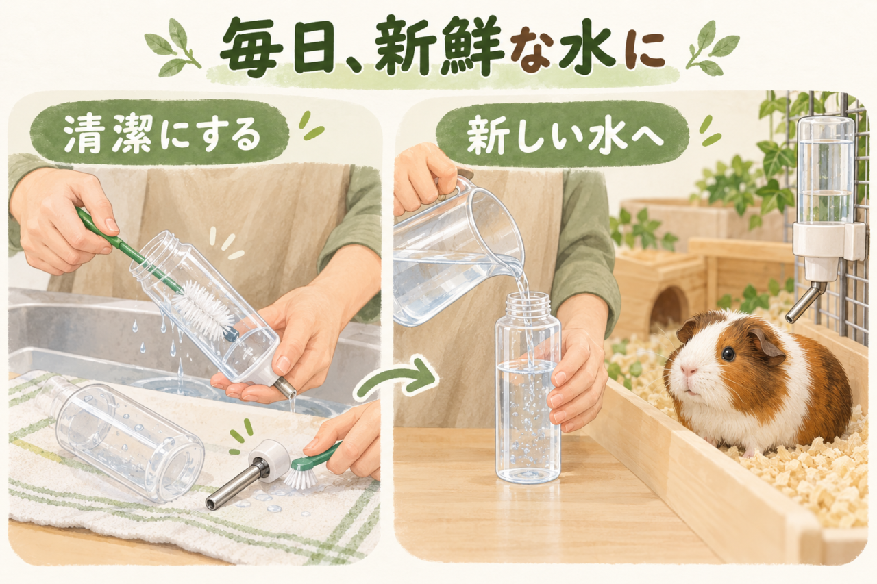 給水ボトルと飲み口を清潔にし、新鮮な水へ交換するイラスト