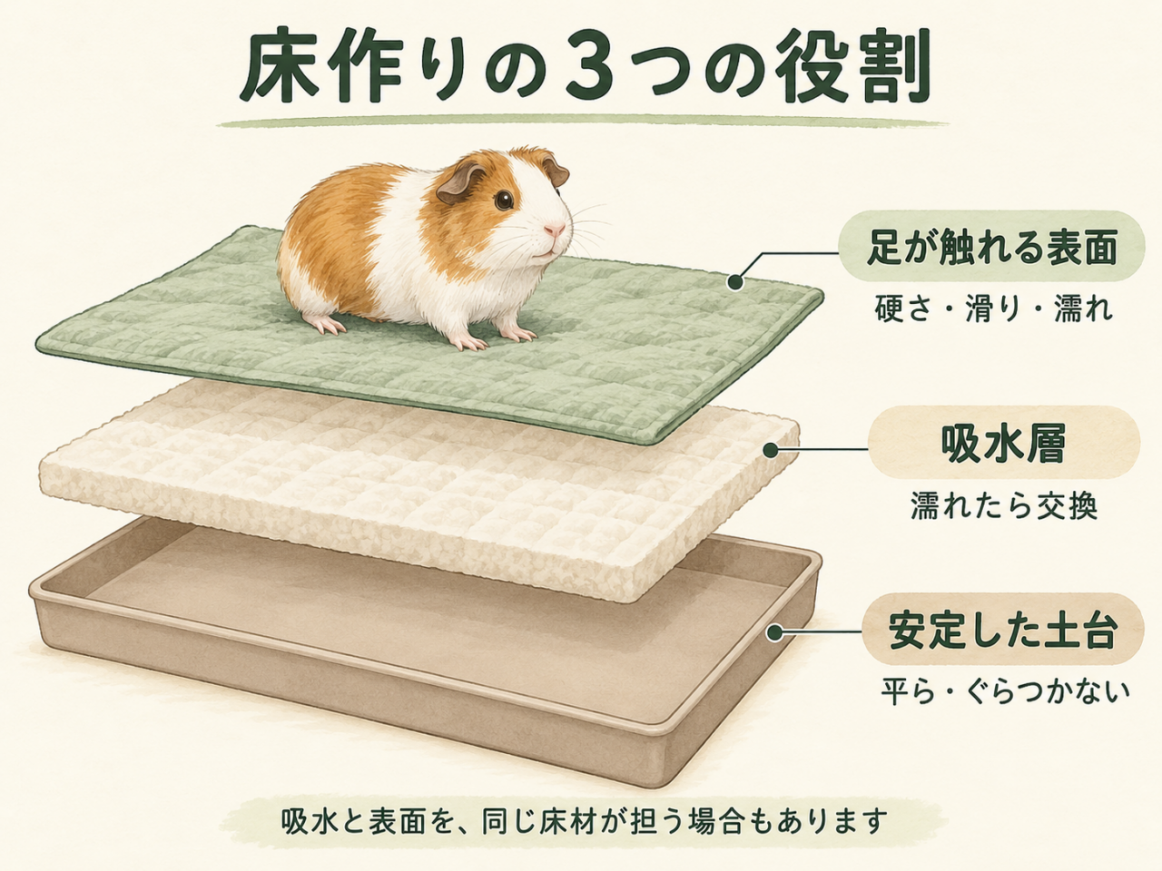 上から足が触れる表面、吸水層、安定した土台という床の三つの役割を示した模式図