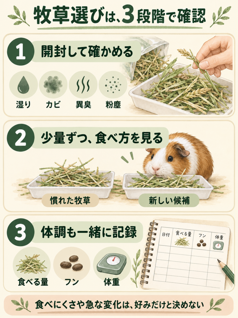 牧草を開封して品質を確認し、慣れた牧草と少量ずつ試し、食べる量・フン・体重を記録する三段階の図