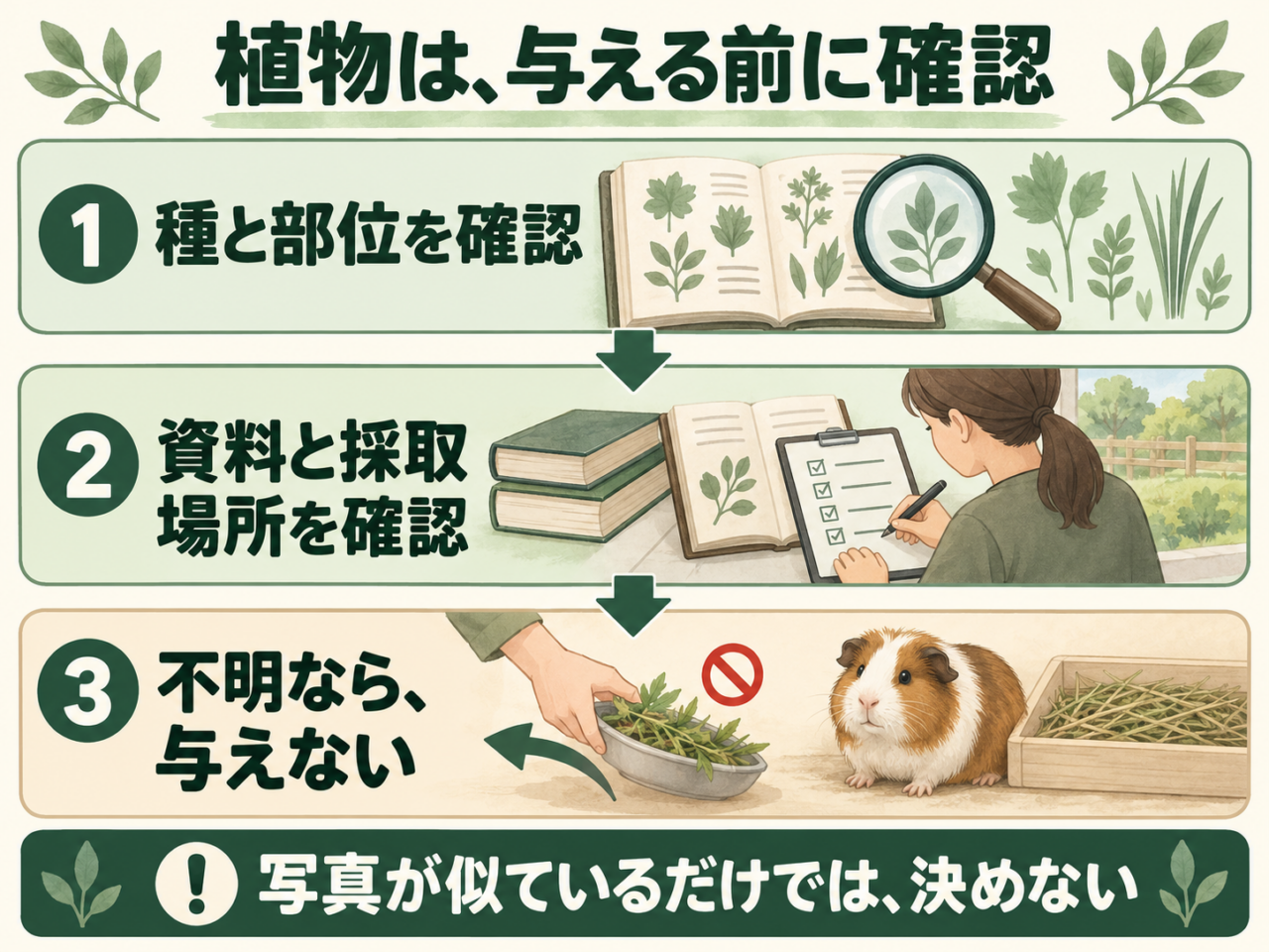 植物の種と部位、資料と採取場所を大人が確認し、不明なものは与えないという確認手順
