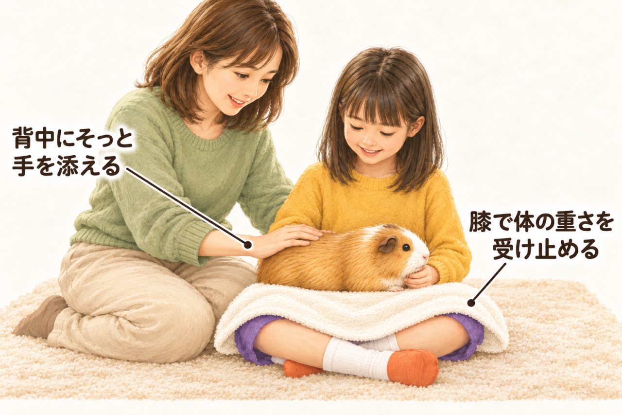 床に座った子どもの膝でモルモットの体の重さを受け止め、大人が背中にそっと手を添えて急な動きに備える図
