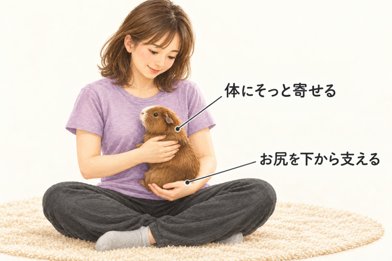 床に座った大人が、胸の下とお尻を両手で支えたままモルモットを自分の体にそっと寄せて抱く図