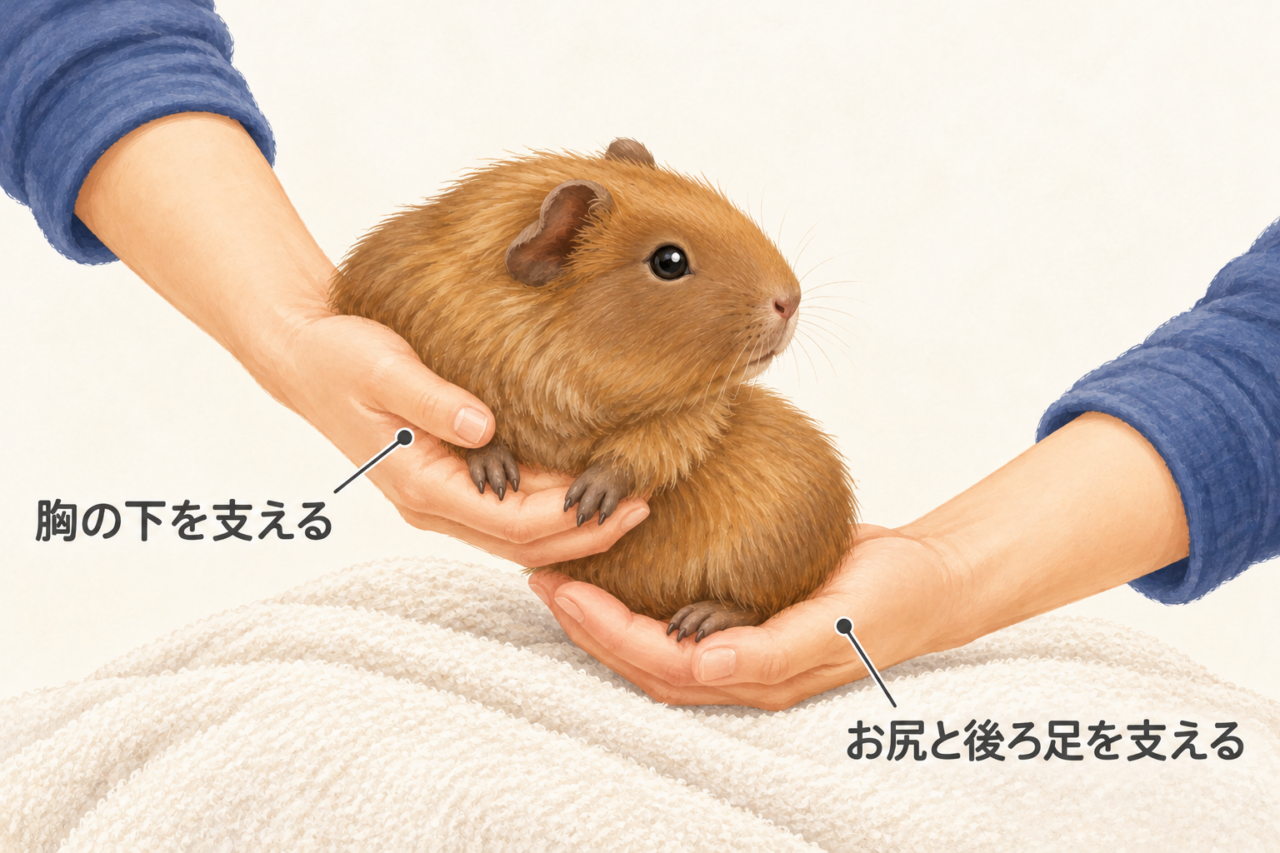 片方の手でモルモットの胸の下を支え、もう片方の手でお尻と後ろ足を下から支える図