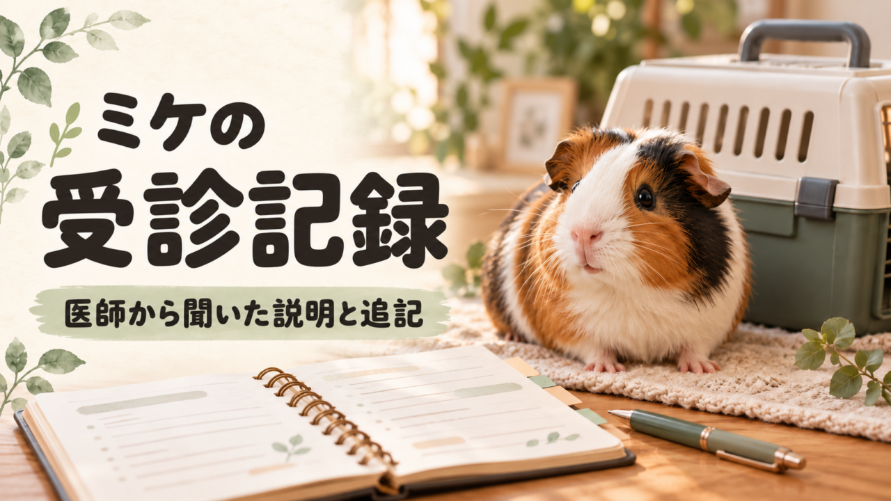 モルモットと受診メモを描いた受診記録のイメージイラスト。ミケの実写真ではありません