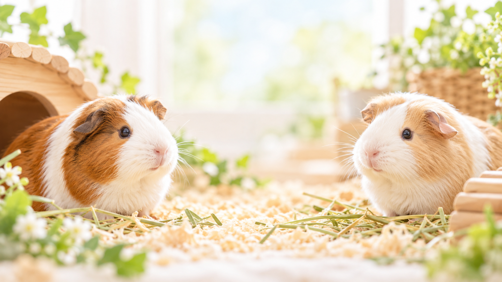 木の小屋と牧草の間で向かい合う二匹のモルモット